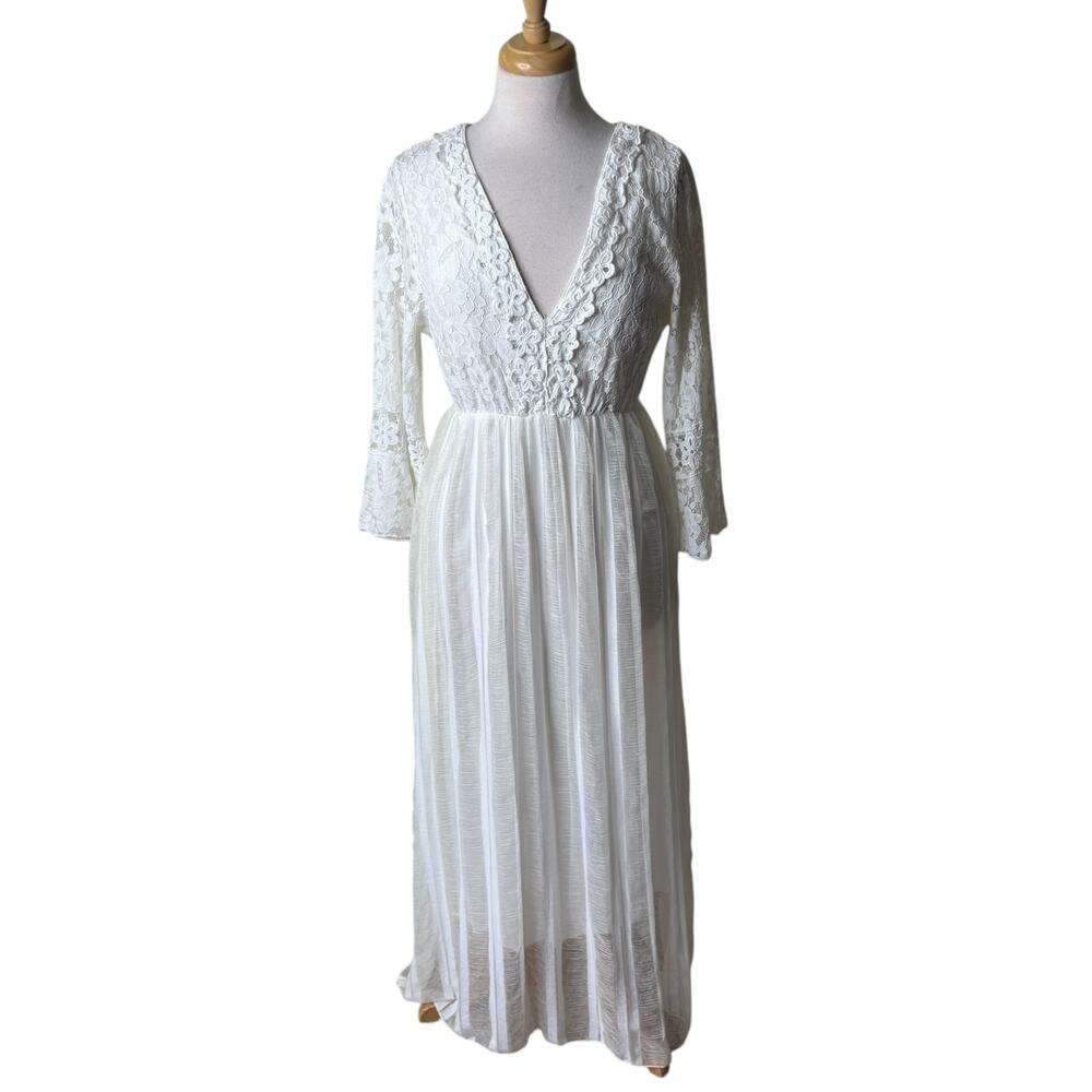 Lace V Neck Flutter Sleeve White Cotton Maxi Dress Made in Italy SMALL